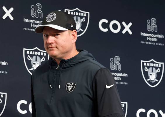 Raiders offensive coordinator Luke Getsy leaves the podium after speaking during a news confere ...
