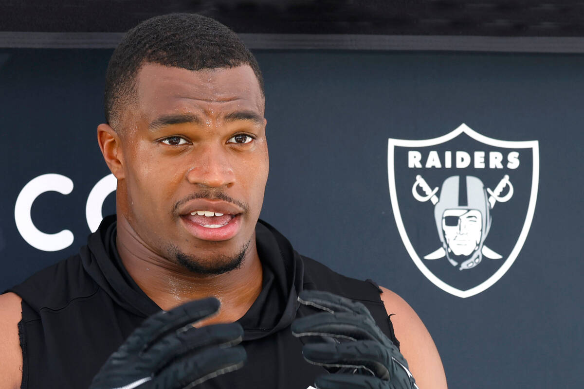 Raiders defensive end Tyree Wilson addresses the media after organized team activities at the I ...