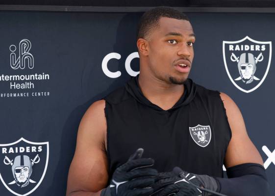 Raiders defensive end Tyree Wilson addresses the media after participating in organized team ac ...