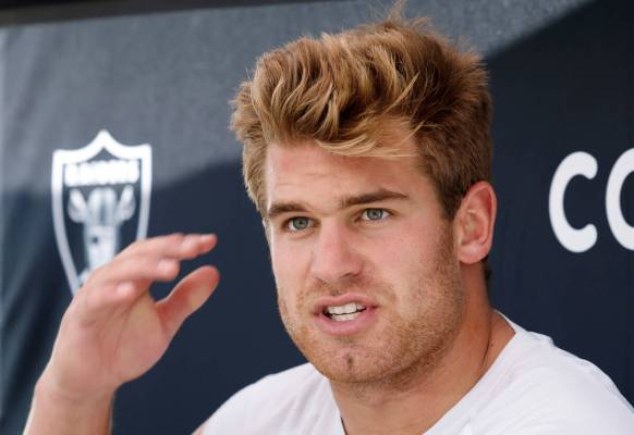 Raiders tight end Michael Mayer addresses the media after organized team activities at the Inte ...