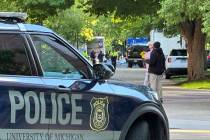 University of Michigan campus police block an area Tuesday, May 21, 2024, in Ann Arbor, Mich., ...