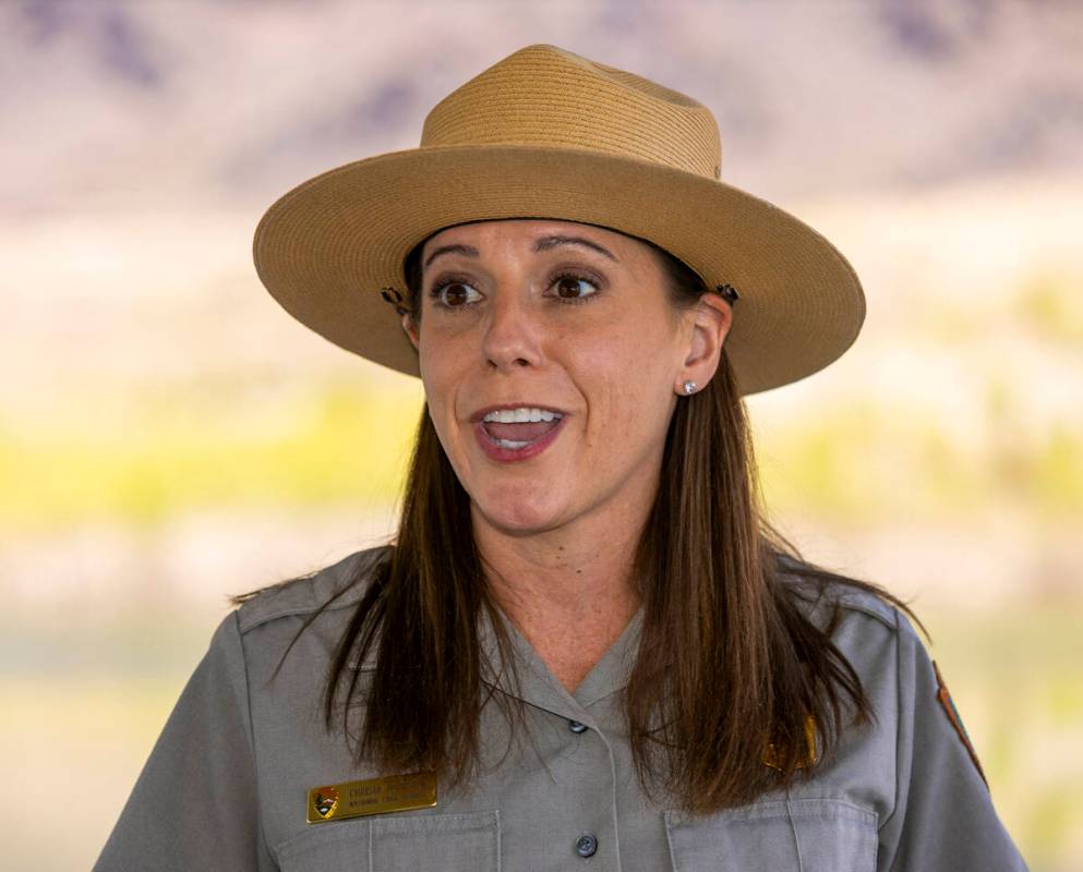 Chief of Staff Ranger Christa Johnston speaks during a safe boating media event at the Lake Mea ...