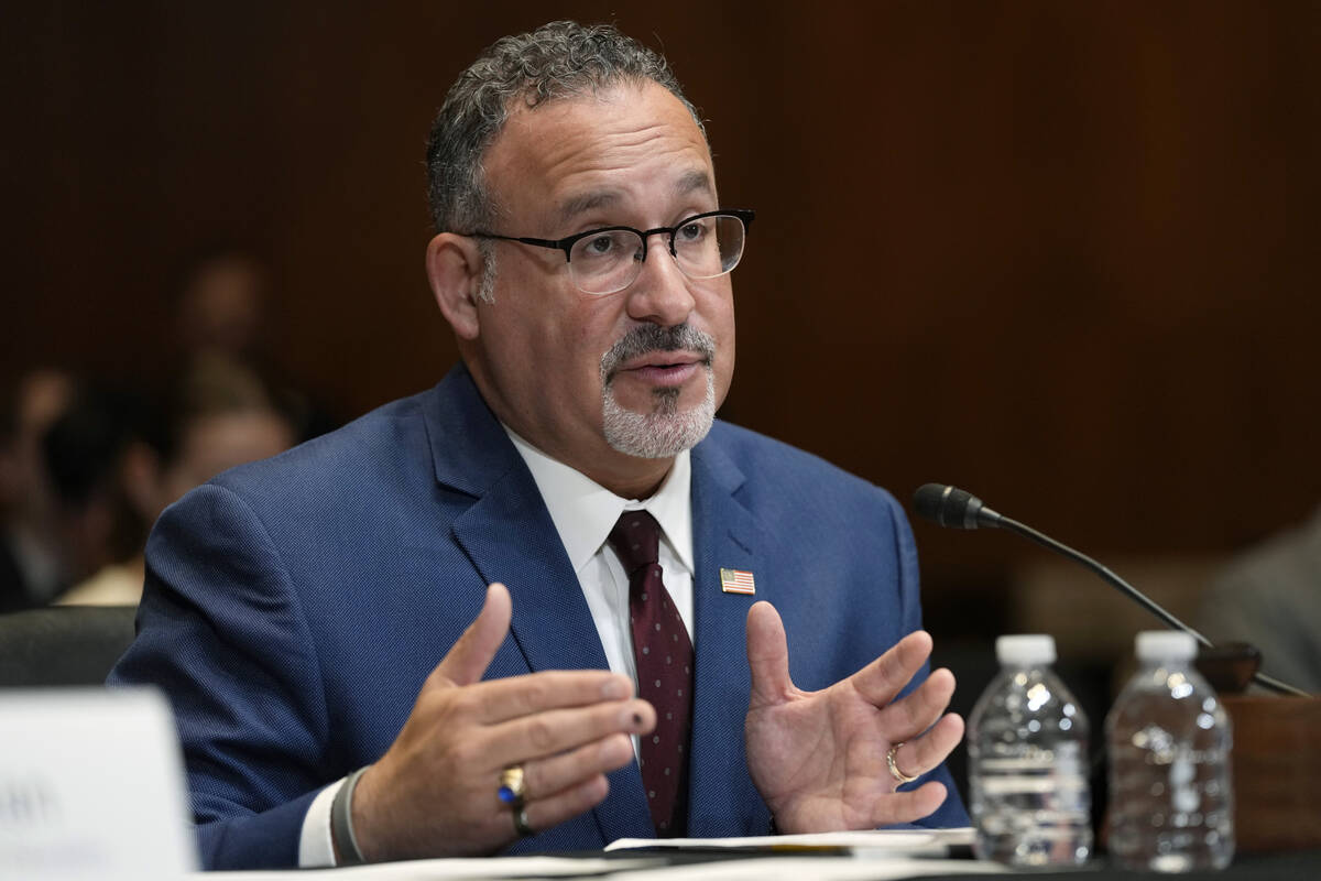 Education Secretary Miguel Cardona testifies during a Senate Appropriations Subcommittee on Lab ...