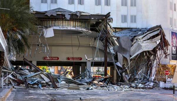 The demolition continues about the porte-cocheres at the Tropicana on Thursday, May 2, 2024, in ...