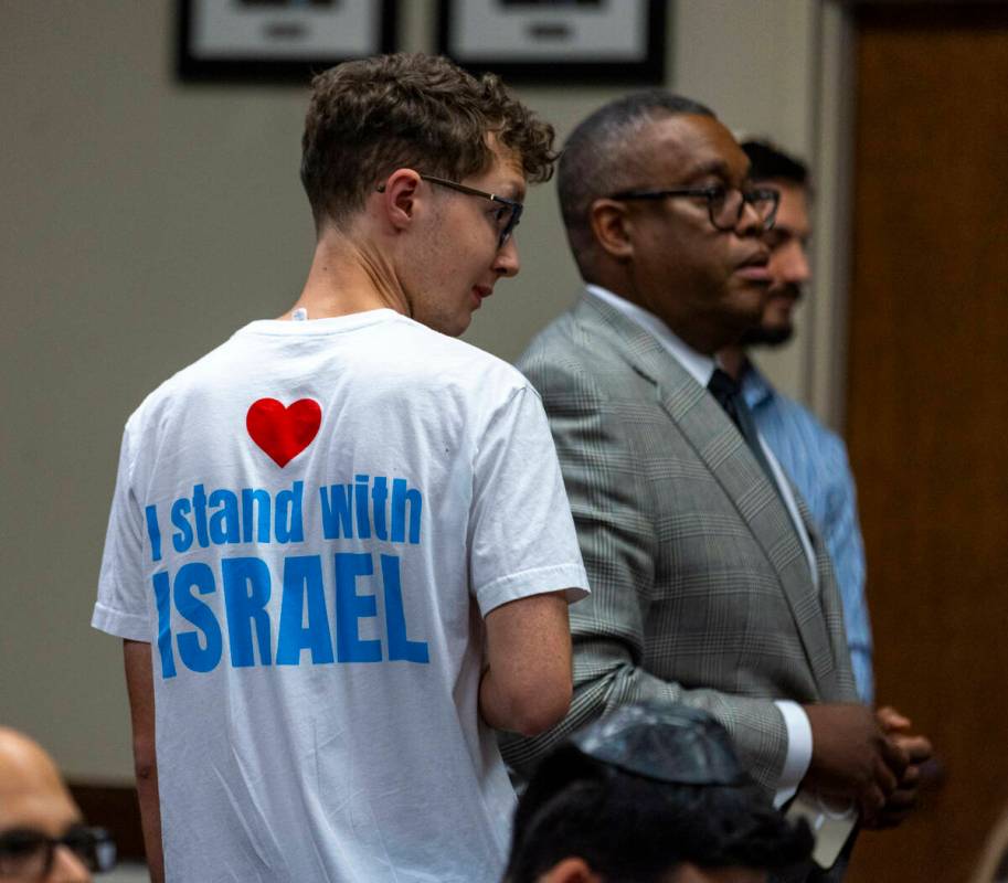 UNLV sophomore Lev Aton wears a pro-Israel t-shirt in an NSHE Board of Regents meeting where pr ...