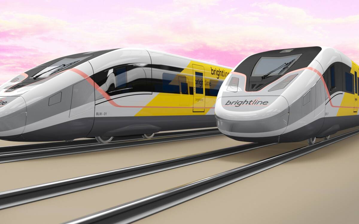 A rendering of a Brightline West train that could be used on the planned Las Vegas-to-Southern ...