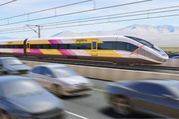 A rendering of a Brightline West train that could be used on the planned Las Vegas-to-Southern ...