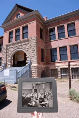 A 1908 classroom photo is shown in front of the Goldfield schoolhouse in the former boomtown We ...