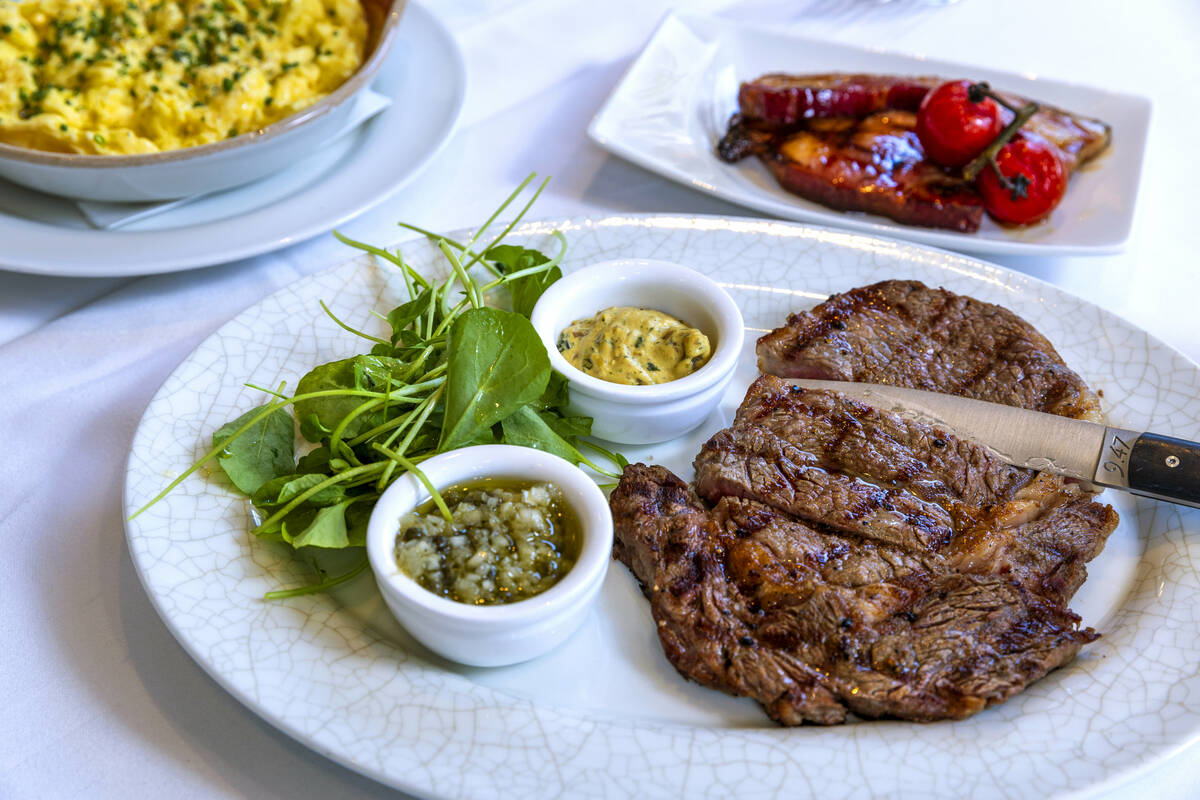 Charcoal Gillled Rib Eye Steak (16oz) with tarragon mustard and pickled shallots during brunch ...