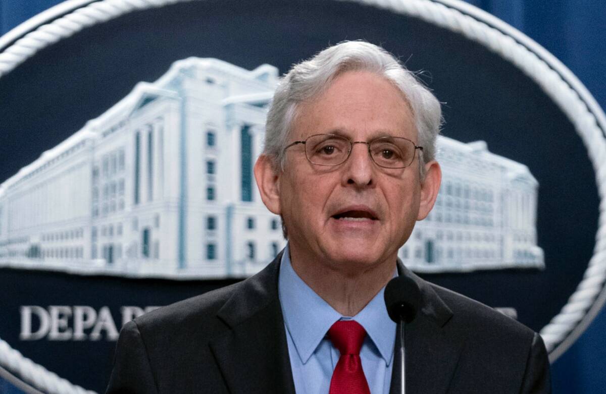 Attorney General Merrick Garland speaks during a news conference at the Department of Justice h ...