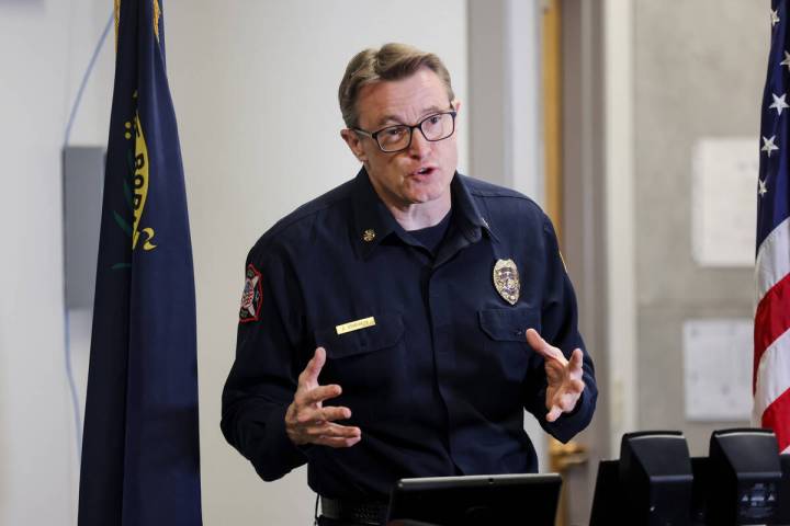 Clark County Fire Chief John Steinbeck addresses the media about the massive June fire at an ap ...