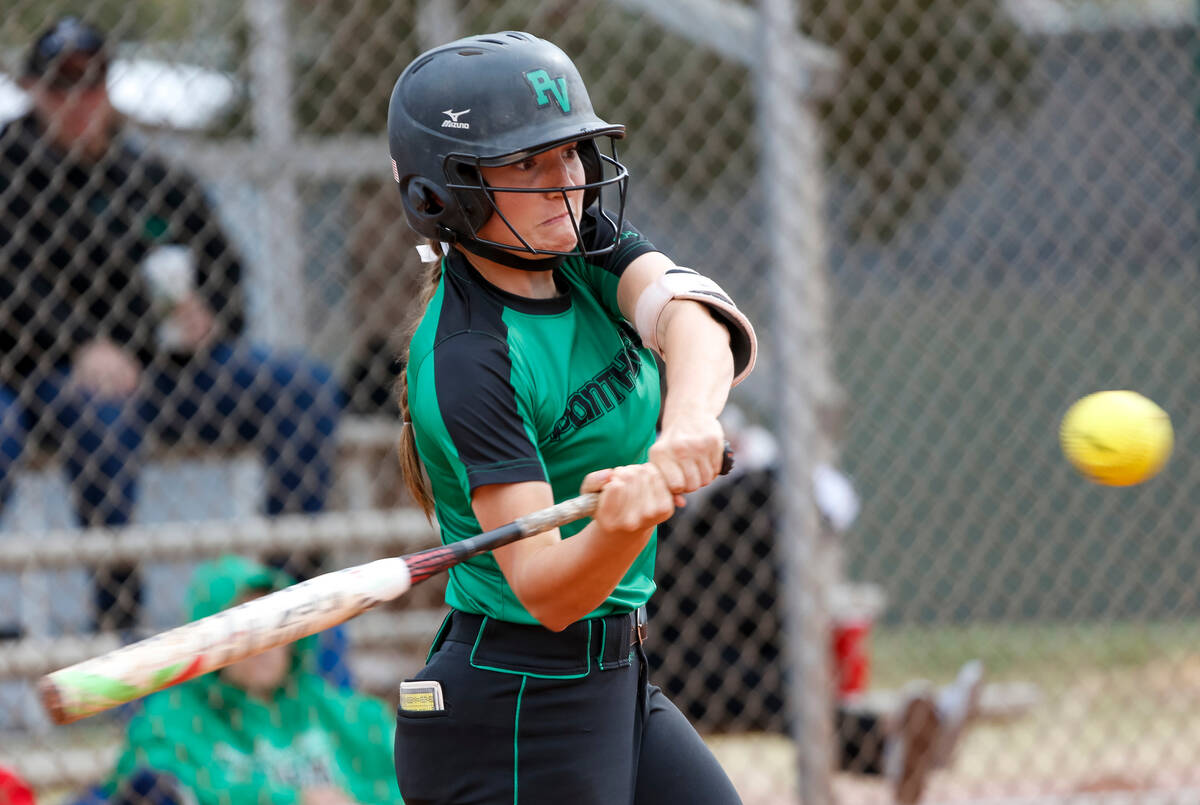 Palo Verde's Makall Whetten bats against Centennial during a softball game at Palo Verde High S ...