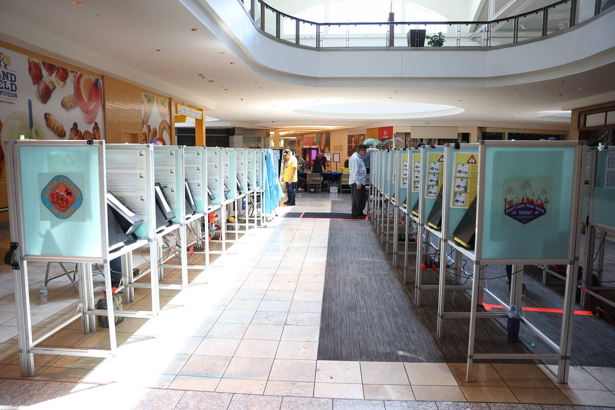 Voters cast their ballots during the early voting period at a polling location at the Galleria ...