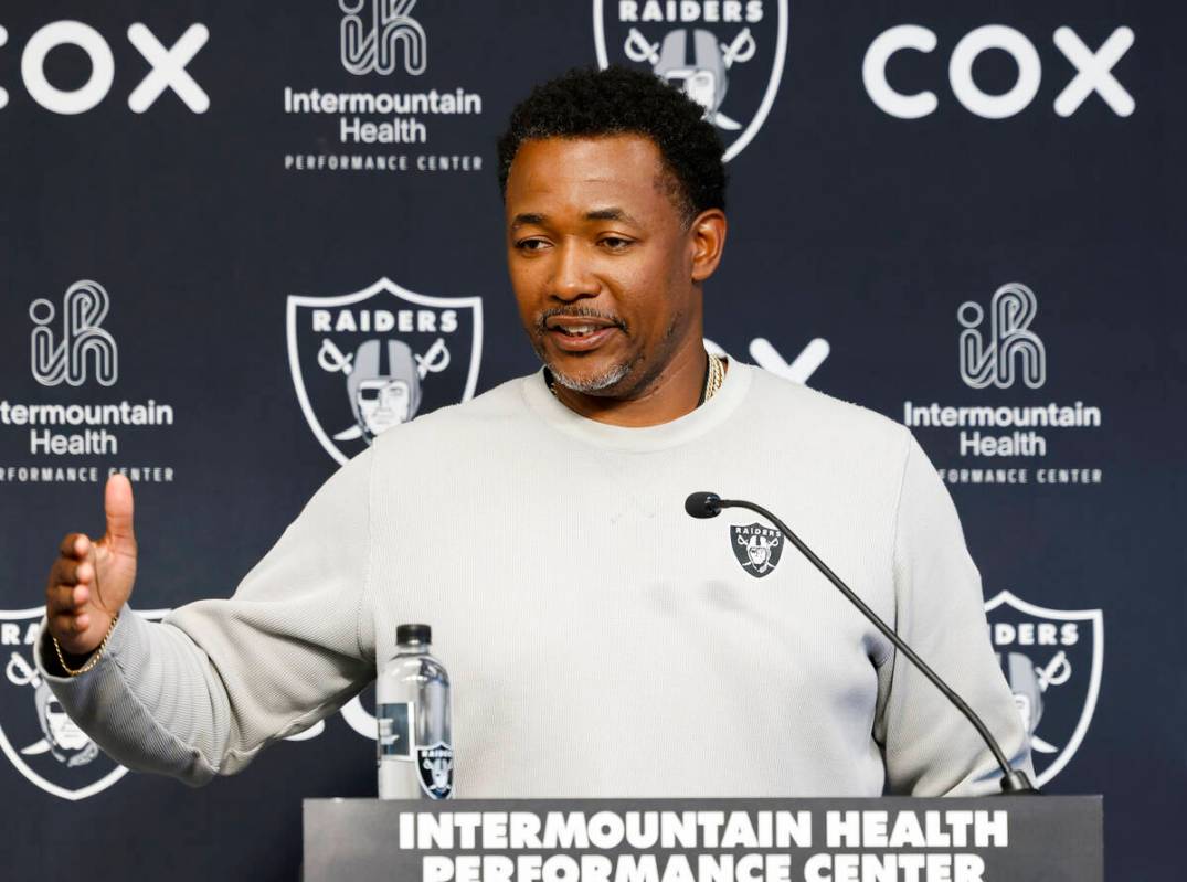 Raiders defensive coordinator Patrick Graham speaks during a news conference before organized t ...