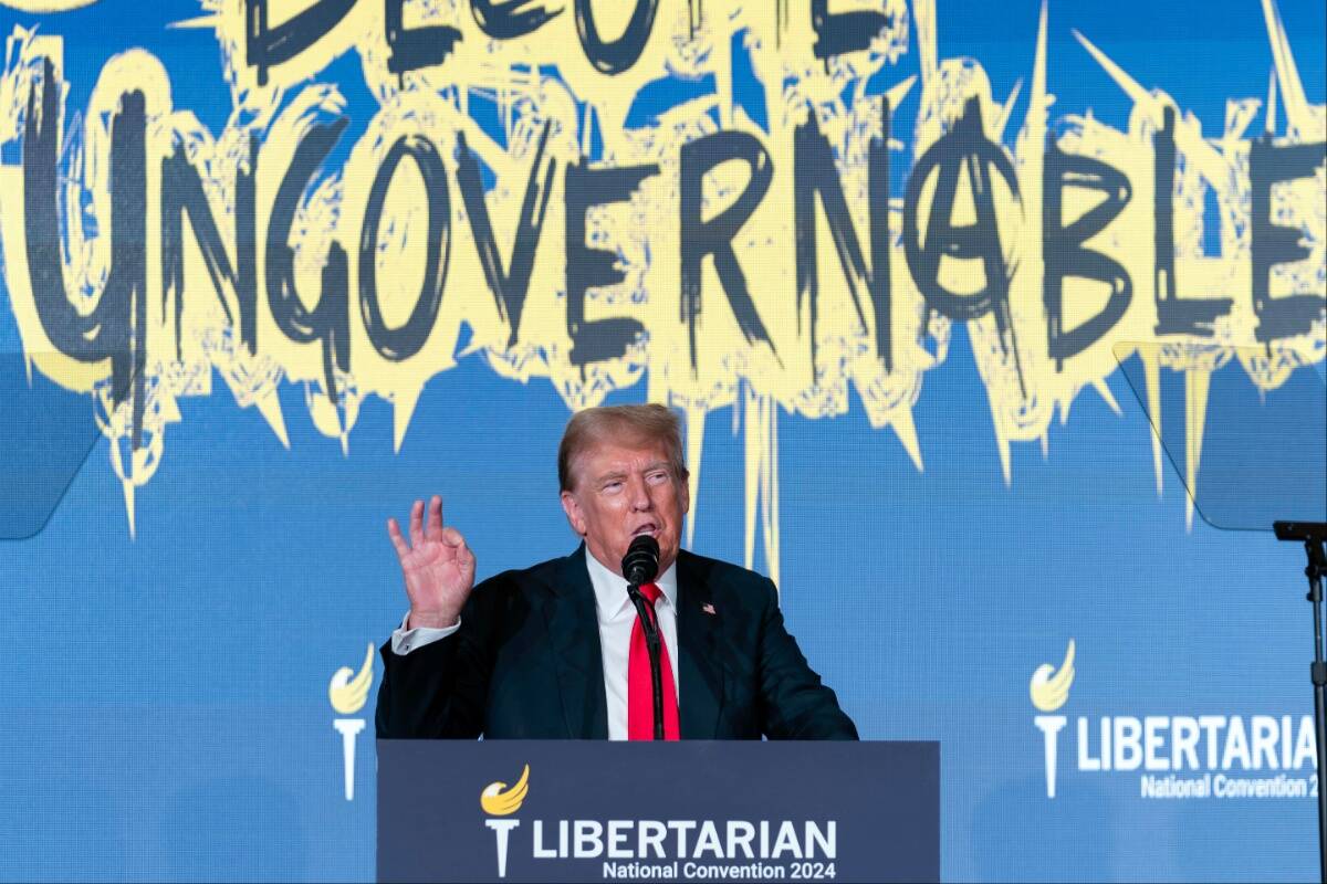 Republican presidential candidate, former President Donald Trump speaks at the Libertarian Nati ...