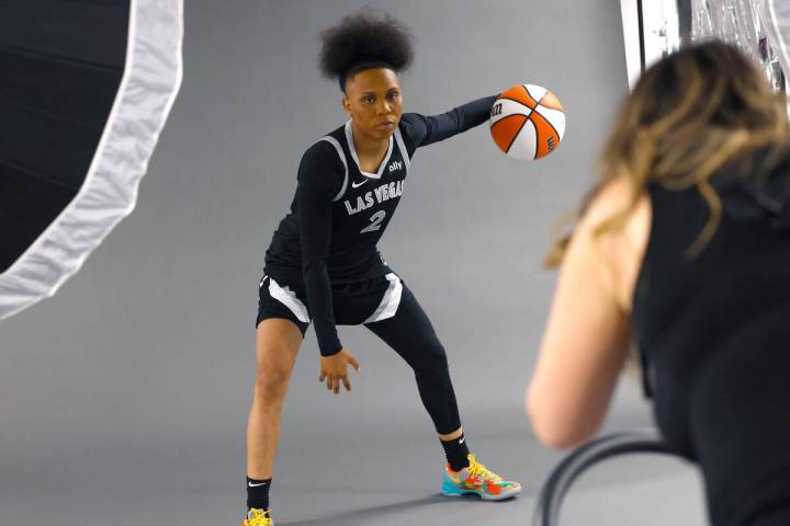 Las Vegas Aces guard Dyaisha Fair (2) poses for a photo during team's media day, on Friday, May ...