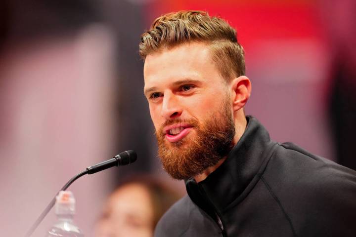 Harrison Butker of the Kansas City Chiefs speaks to the media during Super Bowl LVIII Opening N ...