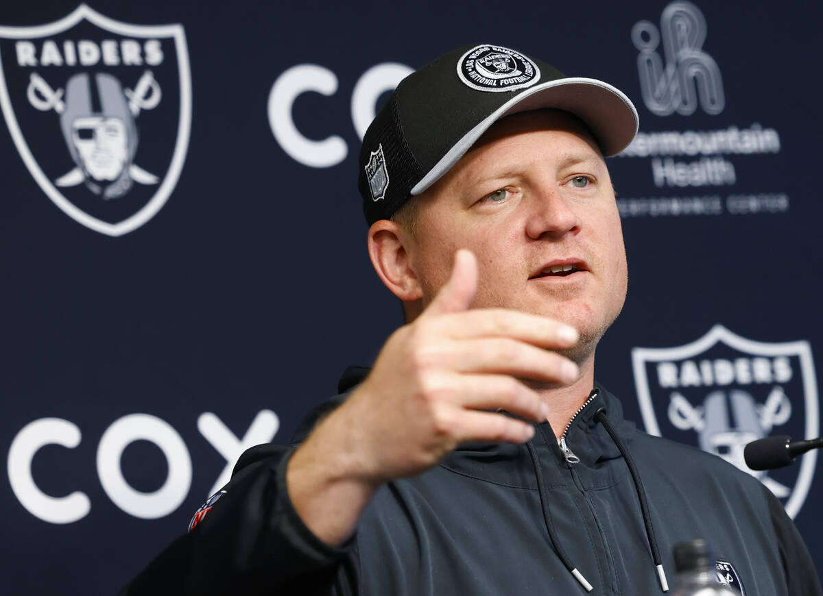 Raiders offensive coordinator Luke Getsy speaks during a news conference before organized team ...