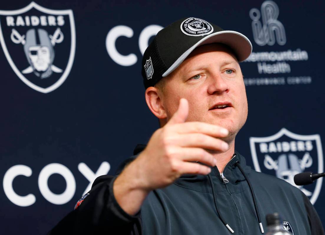 Raiders offensive coordinator Luke Getsy speaks during a news conference before organized team ...