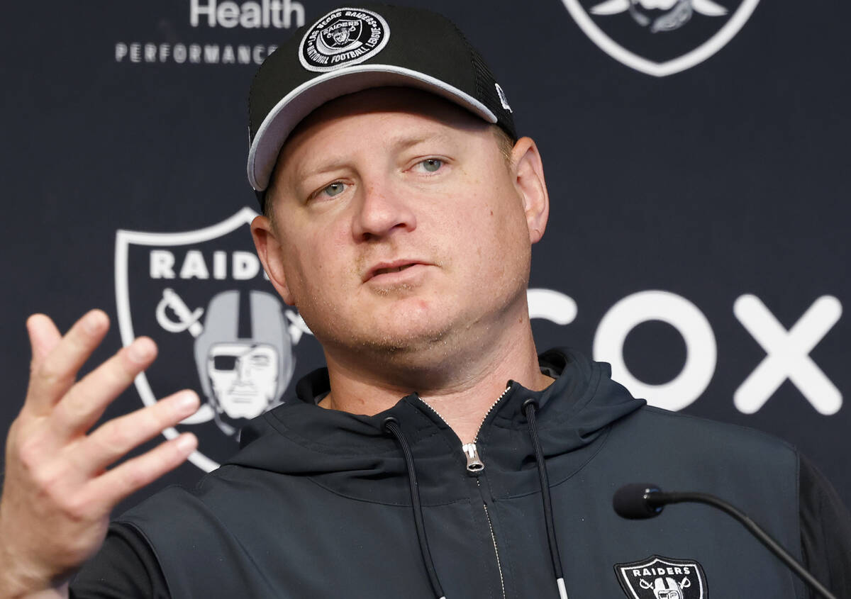 Raiders offensive coordinator Luke Getsy speaks during a news conference before organized team ...