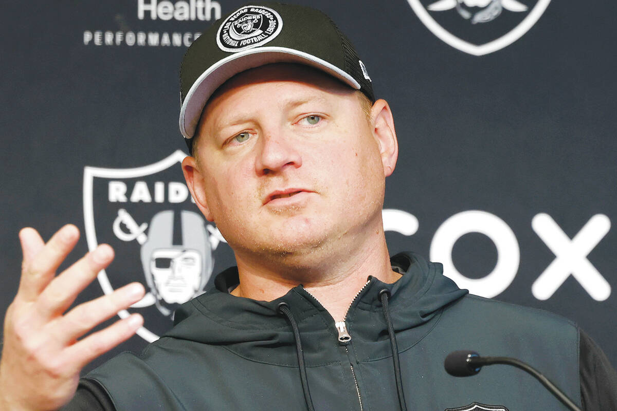 Raiders offensive coordinator Luke Getsy speas during a news conference before organized team a ...