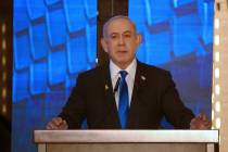 Israeli Prime Minister Benjamin Netanyahu addresses a ceremony marking Memorial Day for fallen ...