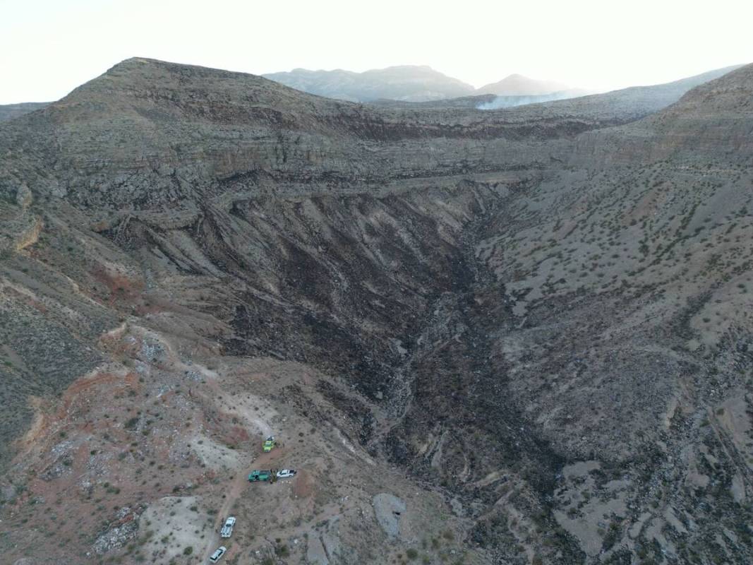 An aerial view Monday evening as firefighters work to contain the Bird Springs Fire, located tw ...