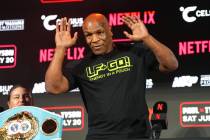 Mike Tyson speaks onstage during the Jake Paul vs. Mike Tyson boxing match press conference at ...