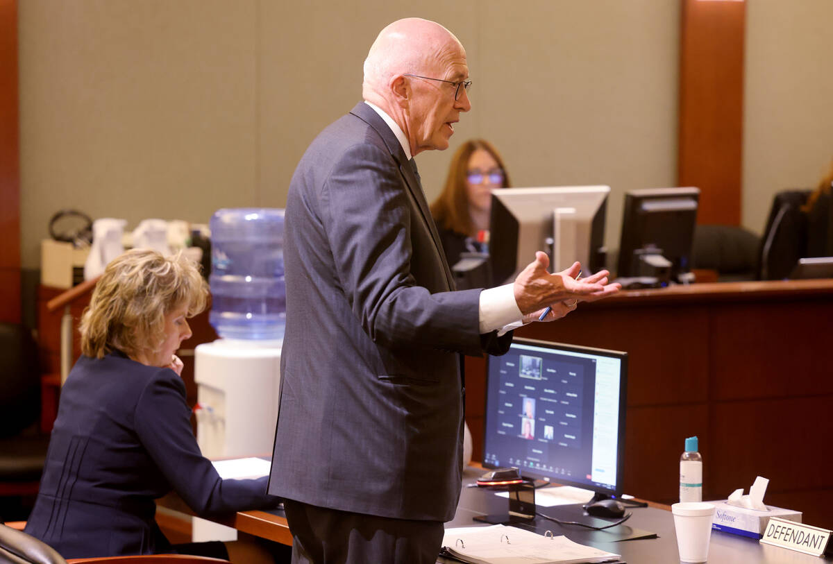 Meta attorney Timothy Hester speaks during a Clark County District Court hearing in the case of ...