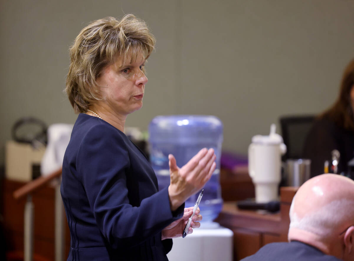 Meta attorney Tammy Peterson speaks during a Clark County District Court hearing in the case of ...
