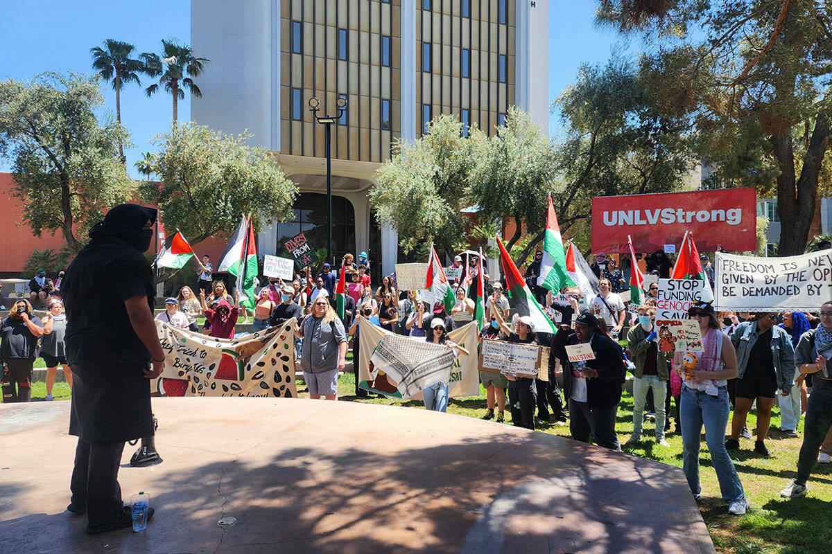 Groups protest at a "Walkout for Palestine" event at UNLV on Wednesday, May 1, 2024. (Chase Ste ...