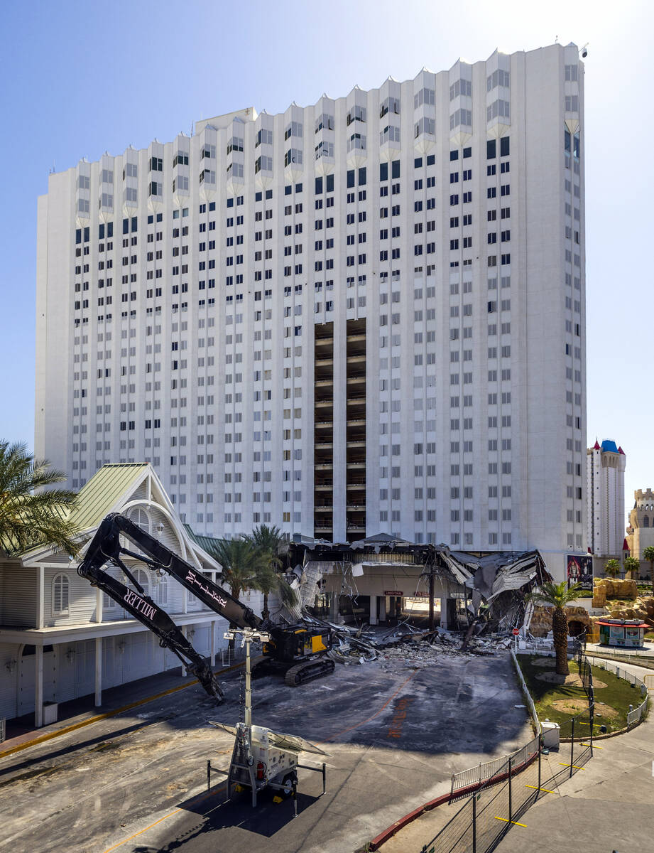 Large machinery is in place as deconstruction continues about the porte cochere at the Tropican ...