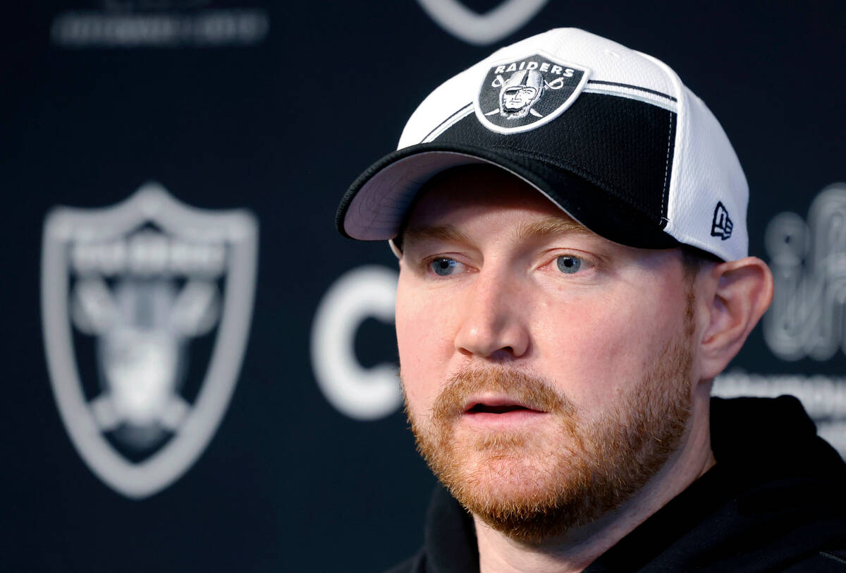 Raiders tight ends coach Luke Steckel addresses the media before team's practice at the Intermo ...