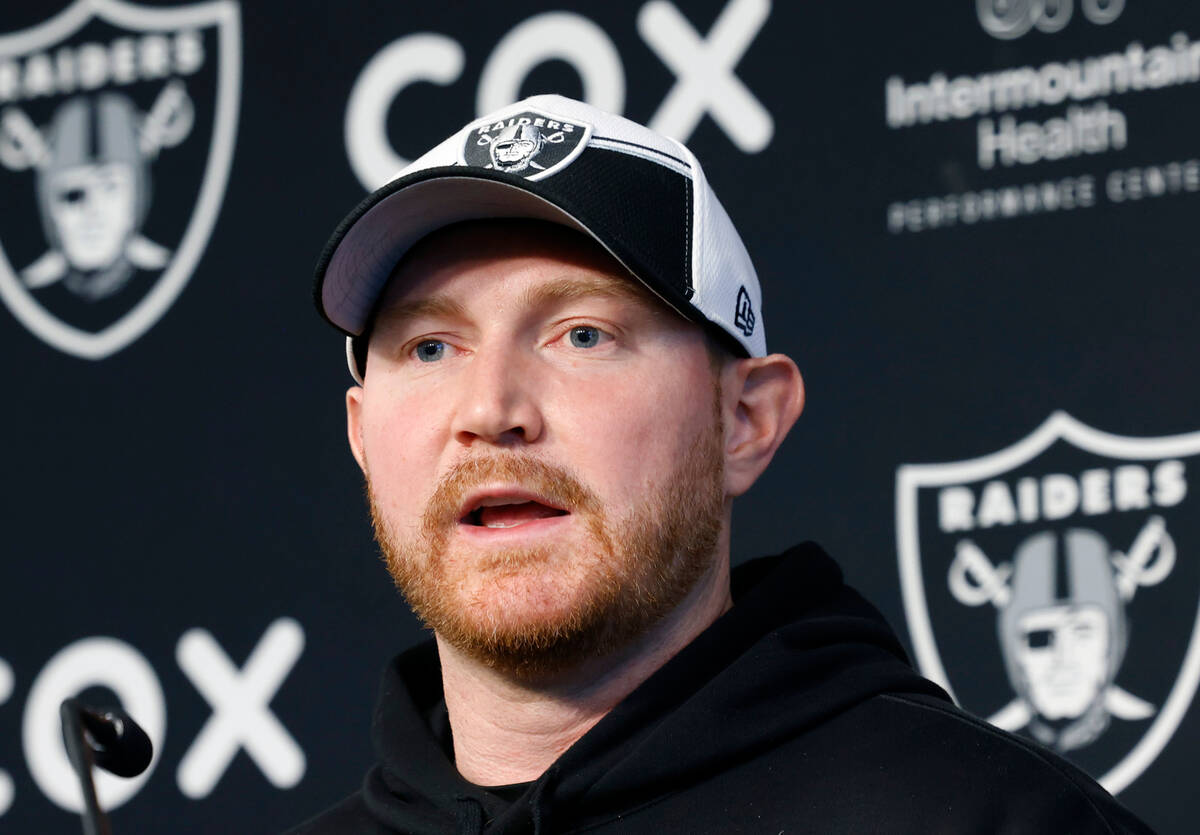 Raiders tight ends coach Luke Steckel addresses the media before team's practice at the Intermo ...