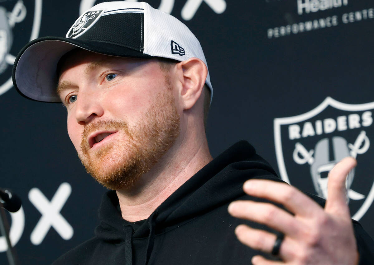 Raiders tight ends coach Luke Steckel addresses the media before team's practice at the Intermo ...