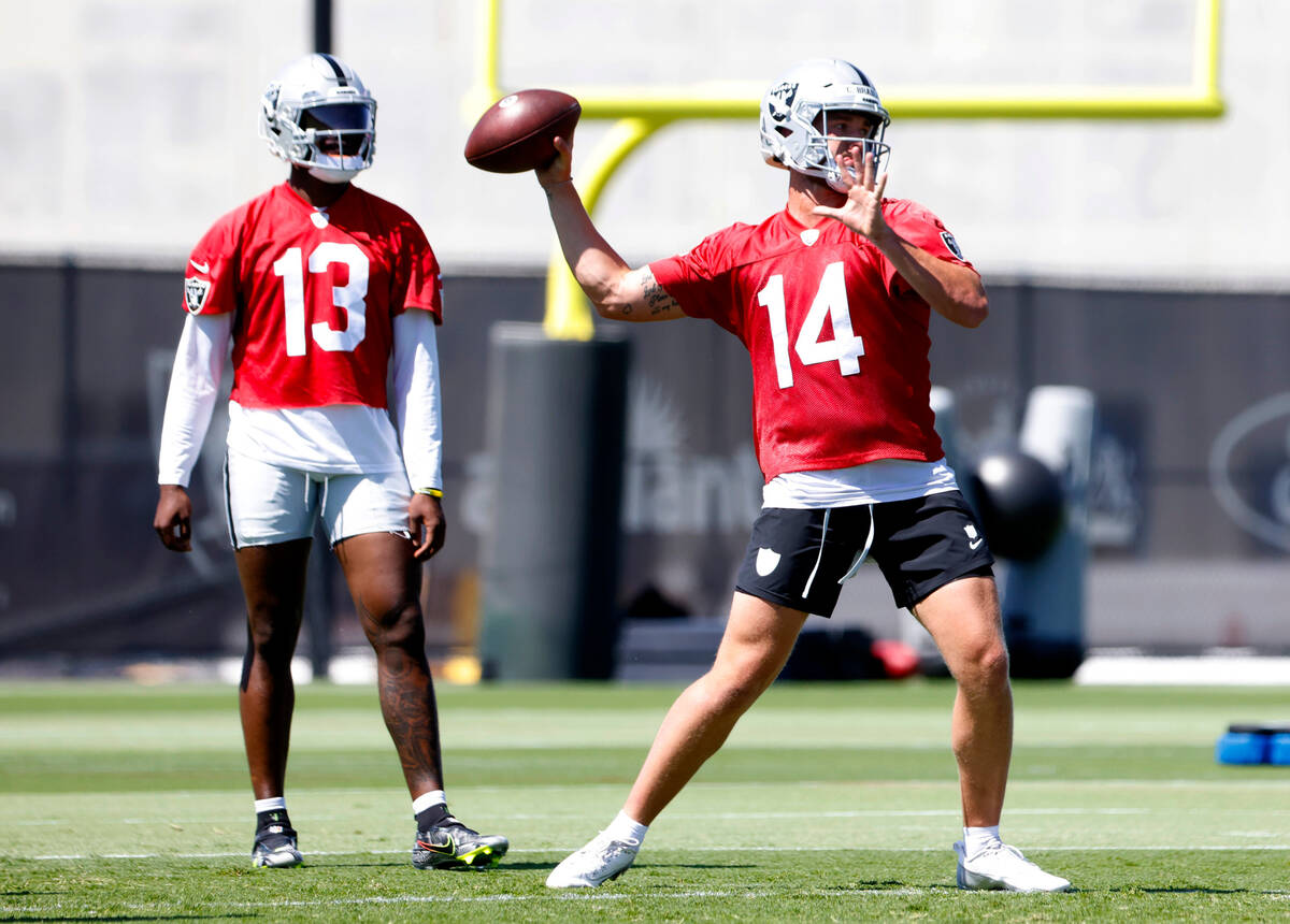 Raiders backup quarterback Carter Bradley (14) prepares to throw the ball as backup quarterback ...