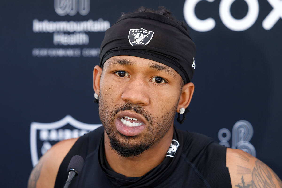 Raiders cornerbacks Jack Jones addresses the media after team's practice at the Intermountain H ...