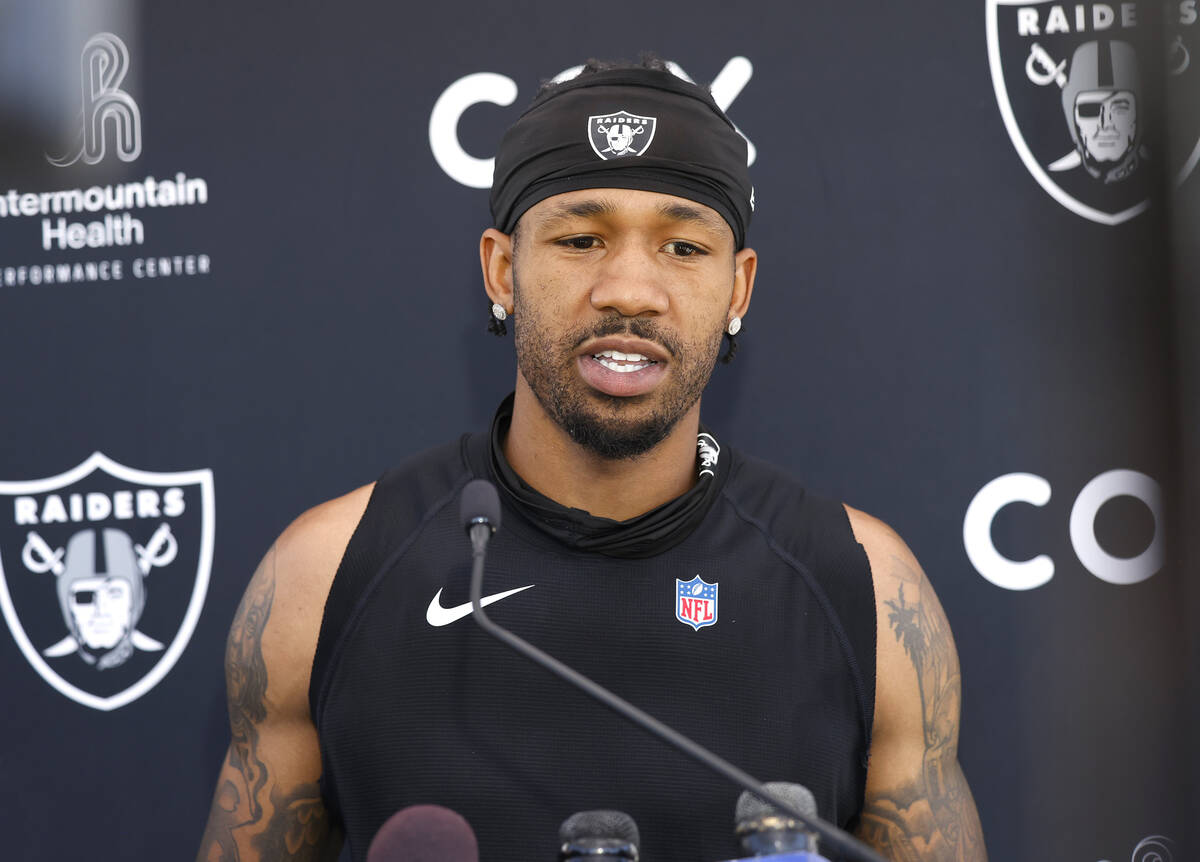 Raiders cornerbacks Jack Jones addresses the media after team's practice at the Intermountain H ...