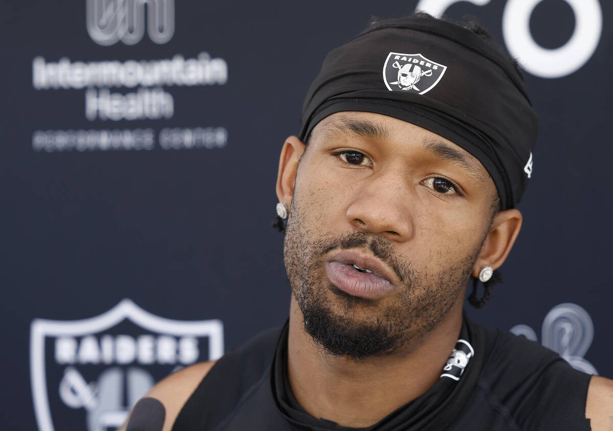 Raiders cornerbacks Jack Jones addresses the media after team's practice at the Intermountain H ...