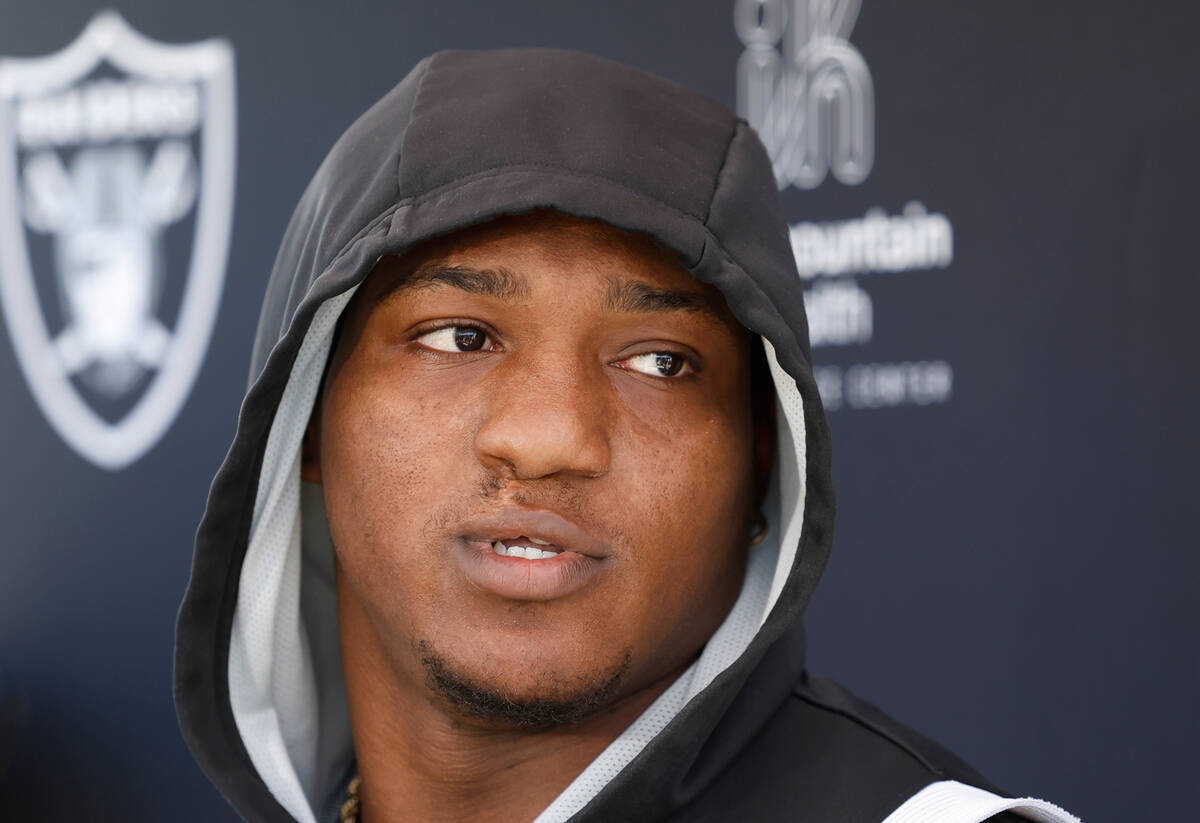 Raiders running back Zamir White addresses the media after team's practice at the Intermountain ...