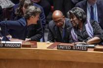 United Nations United Kingdom Ambassador Barbara Woodward, left, confers with United States Amb ...