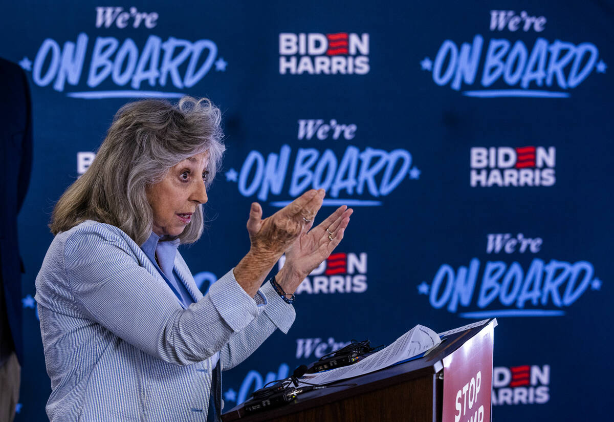 Rep. Dina Titus, D-Nev. speaks during a press conference as she and others campaign for Preside ...