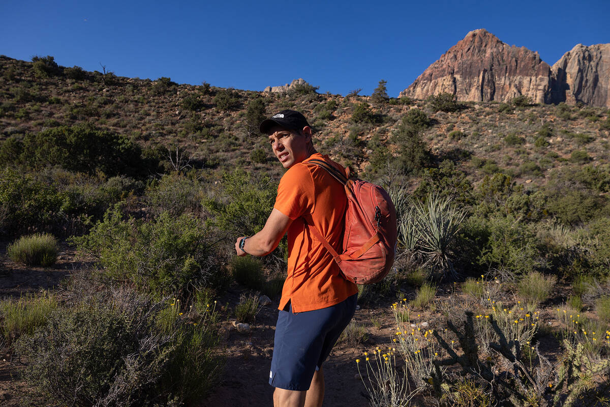 Climber Alex Honnold looks over his shoulder on the approach to the Rainbow Wall in Red Rock Ca ...