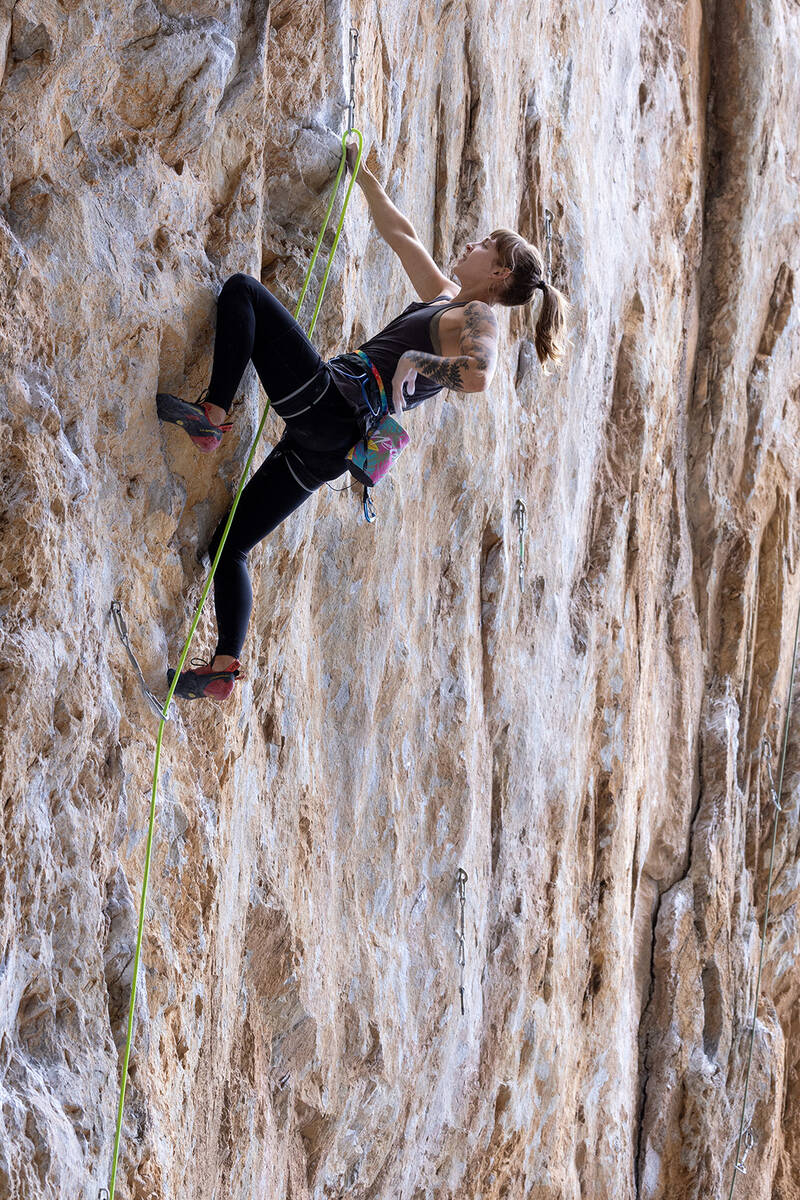 Shaina Savoy ascends a limestone wall at Robbers Roost, a world class rock climbing destination ...