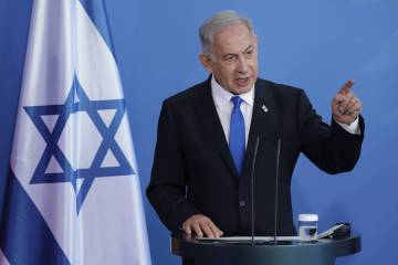 Israeli Prime Minister Benjamin Netanyahu and German Chancellor Olaf Scholz (not pictured) spea ...