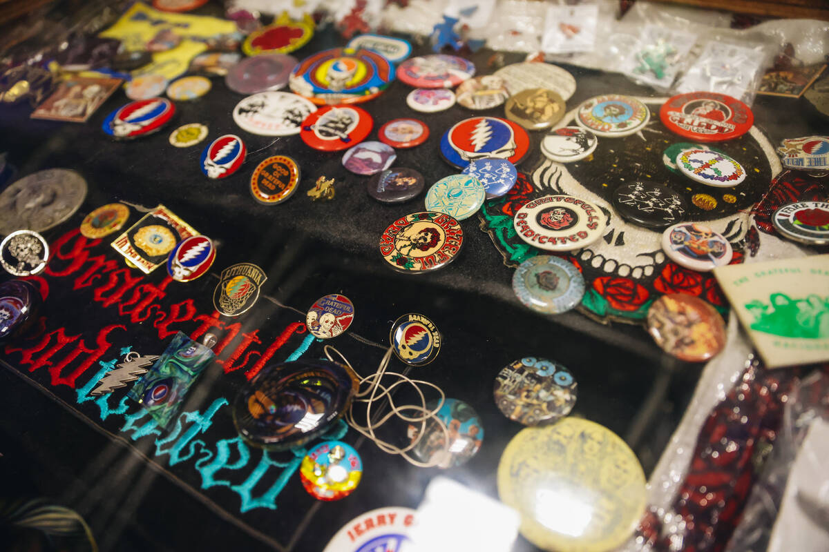 Grateful Dead buttons and patches for sale are seen at Shakedown Street at the Tuscany Suites o ...