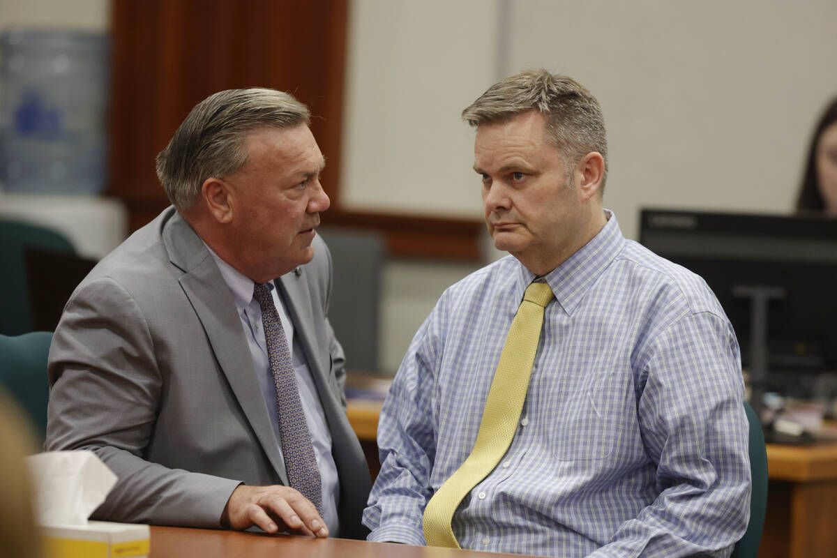 Chad Daybell, right, talks with defense lawyer John Prior before his verdict was read his in hi ...