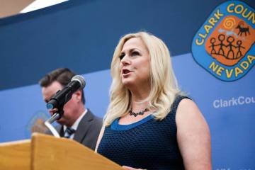 Las Vegas Justice of the Peace Melissa Saragosa speaks at a news conference in May 2021. (Rache ...