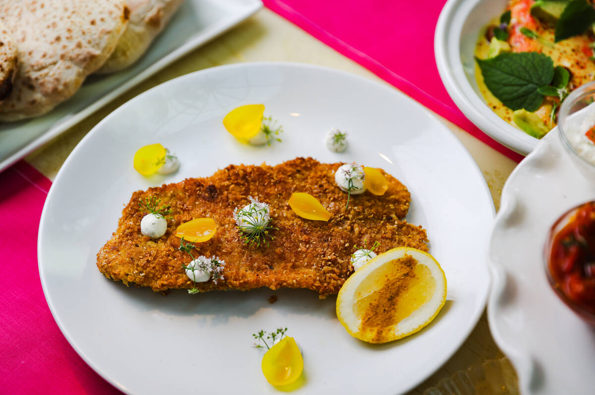 The Dover sole schnitzel with tzatziki and pickled onions at Safta 1964, a pop-up residency of ...