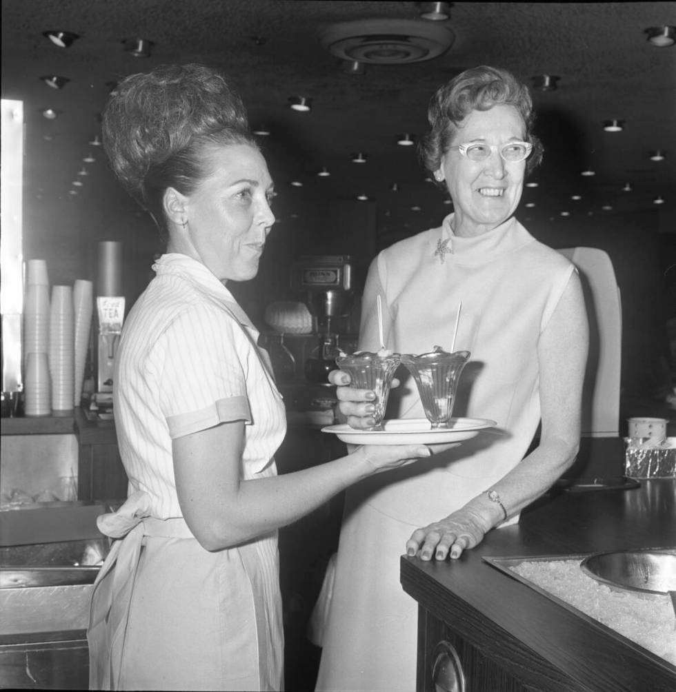 L-R Waitress Gladys Reed, Johnnie Wilson holding the famous Golden Gate shrimp cocktail. This i ...
